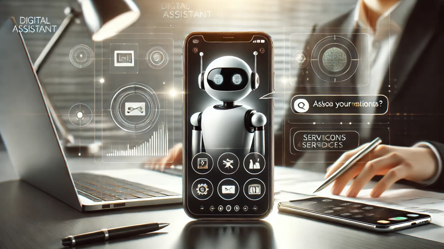 DALL·E 2024-09-11 20.10.41 - A sleek and modern digital assistant concept image with a professional look. In the foreground, a chatbot interface displayed on a phone and laptop sc